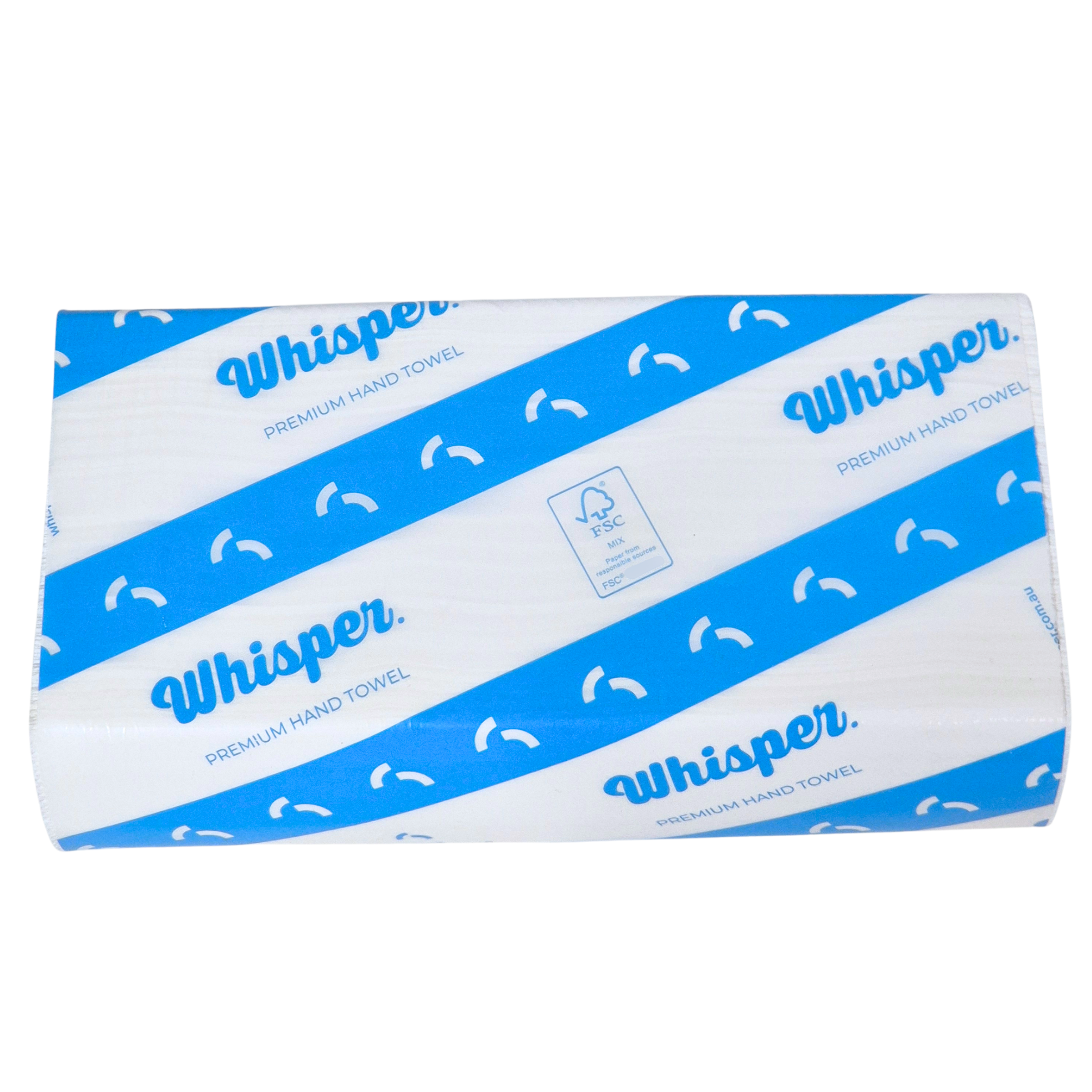Premium Ultrafold Hand Towel 2ply, Whisper 3833, Blue stripe packaging on white background, white papaer hand towel product