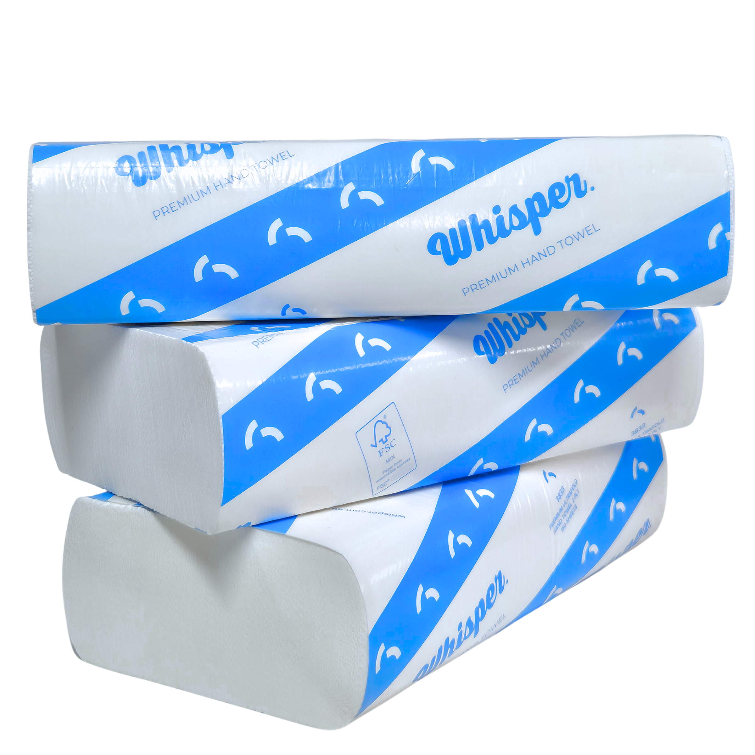Premium Ultrafold Hand Towel 2ply, Whisper 3833, Blue stripe packaging on white background, white papaer hand towel product