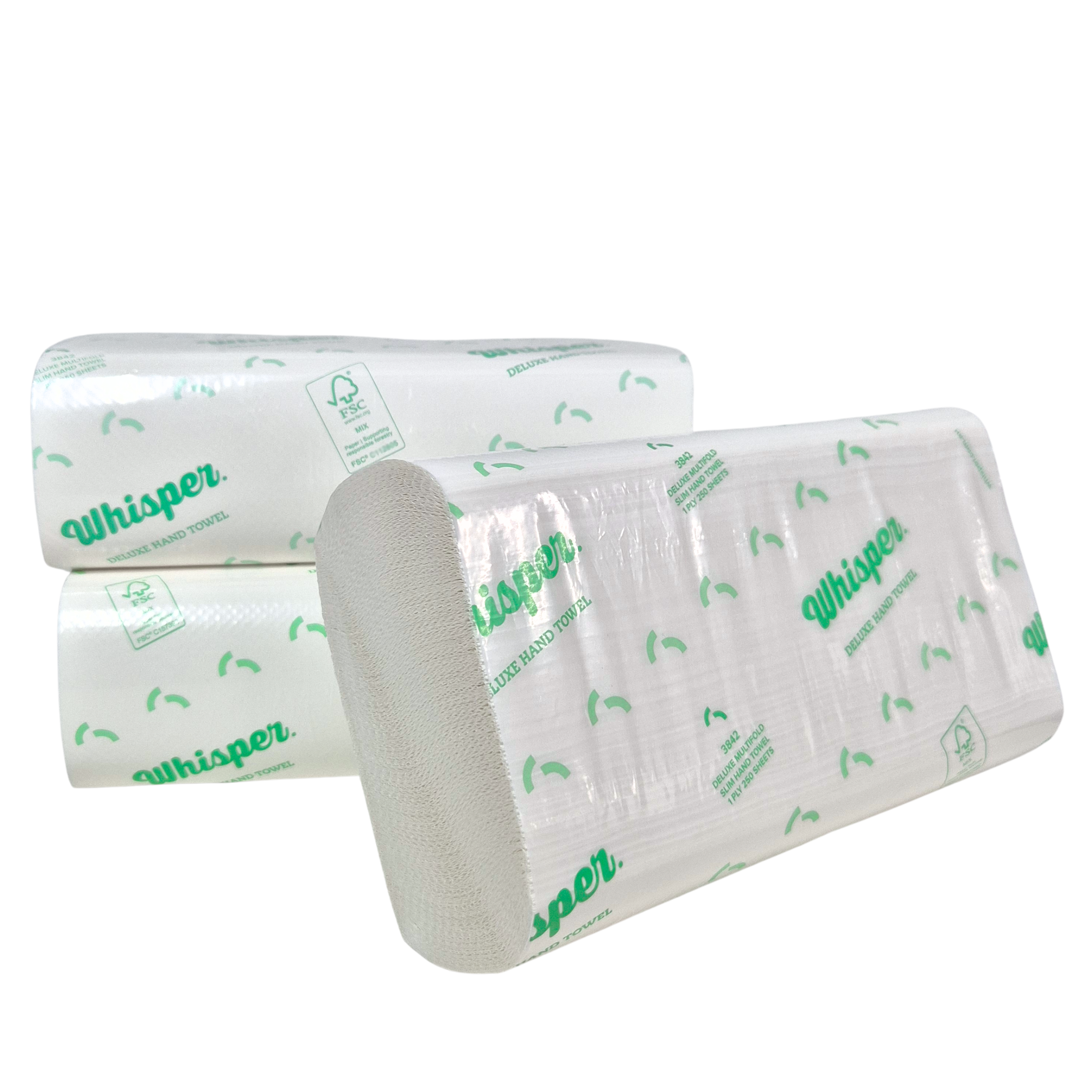 Whisper Deluxe Multifold Slim Hand Towel 1Ply, 3842, white folded paper hand towel, clear and green packaging with writing, white background