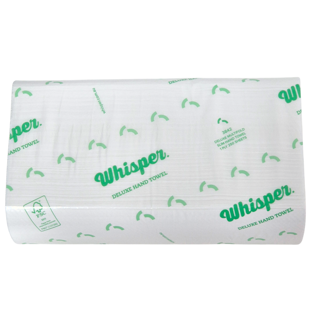 Whisper Deluxe Multifold Slim Hand Towel 1Ply, 3842, white folded paper hand towel, clear and green packaging with writing, white background