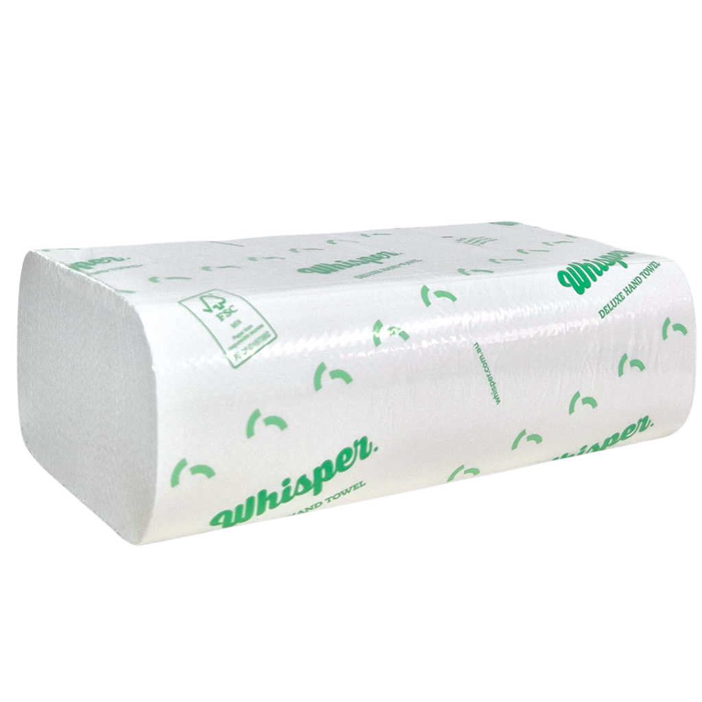 Whisper Deluxe Multifold Slim Hand Towel 1Ply, 3842, white folded paper hand towel, clear and green packaging with writing, white background