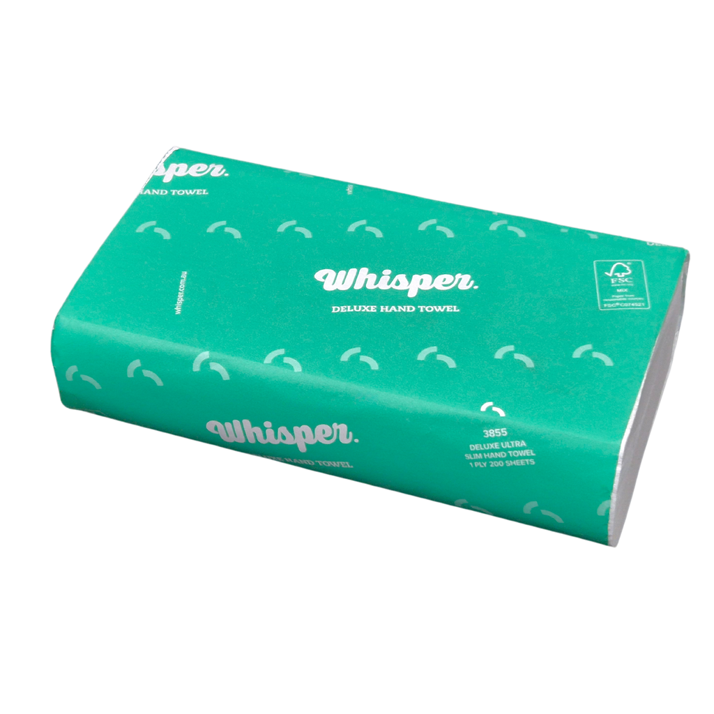 Whisper Ultrafold Hand Towel 1Ply, Manufacturer, paper manufacturer, Paper hand towel, folded hand towel, Whisper, 3855, 200 Sheets per pack, 23cm x 24cm