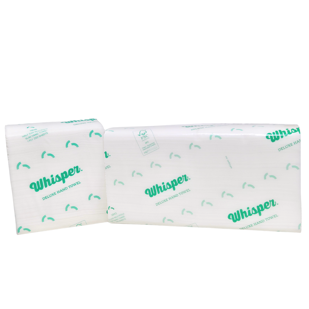 Whisper 3848, Duluxe paper hand towel, Half Size Multifold Slim Hand Towel 1PLY, clear wrapper, green whisper logo and text on packaging, white background