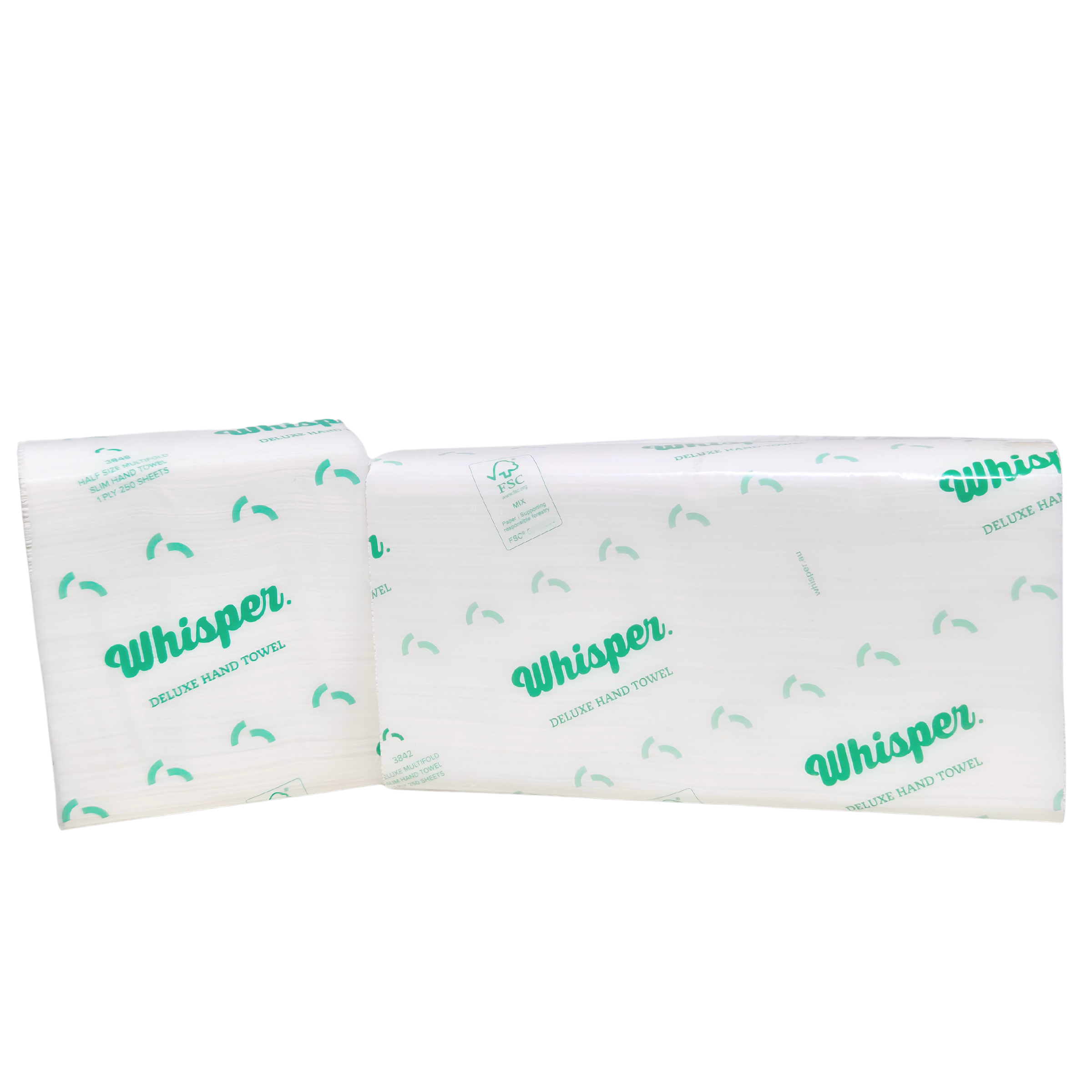 Whisper 3848, Duluxe paper hand towel, Half Size Multifold Slim Hand Towel 1PLY, clear wrapper, green whisper logo and text on packaging, white background