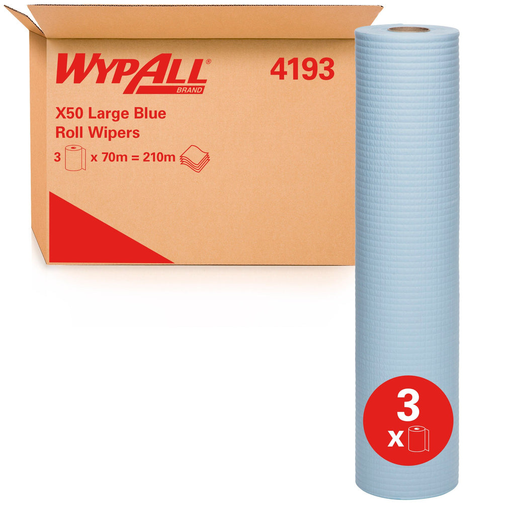 WYPALL® X50 Large Blue Roll Wipers (4193), Large Wipes, 3 Rolls / Case, 70m / Roll (210m)