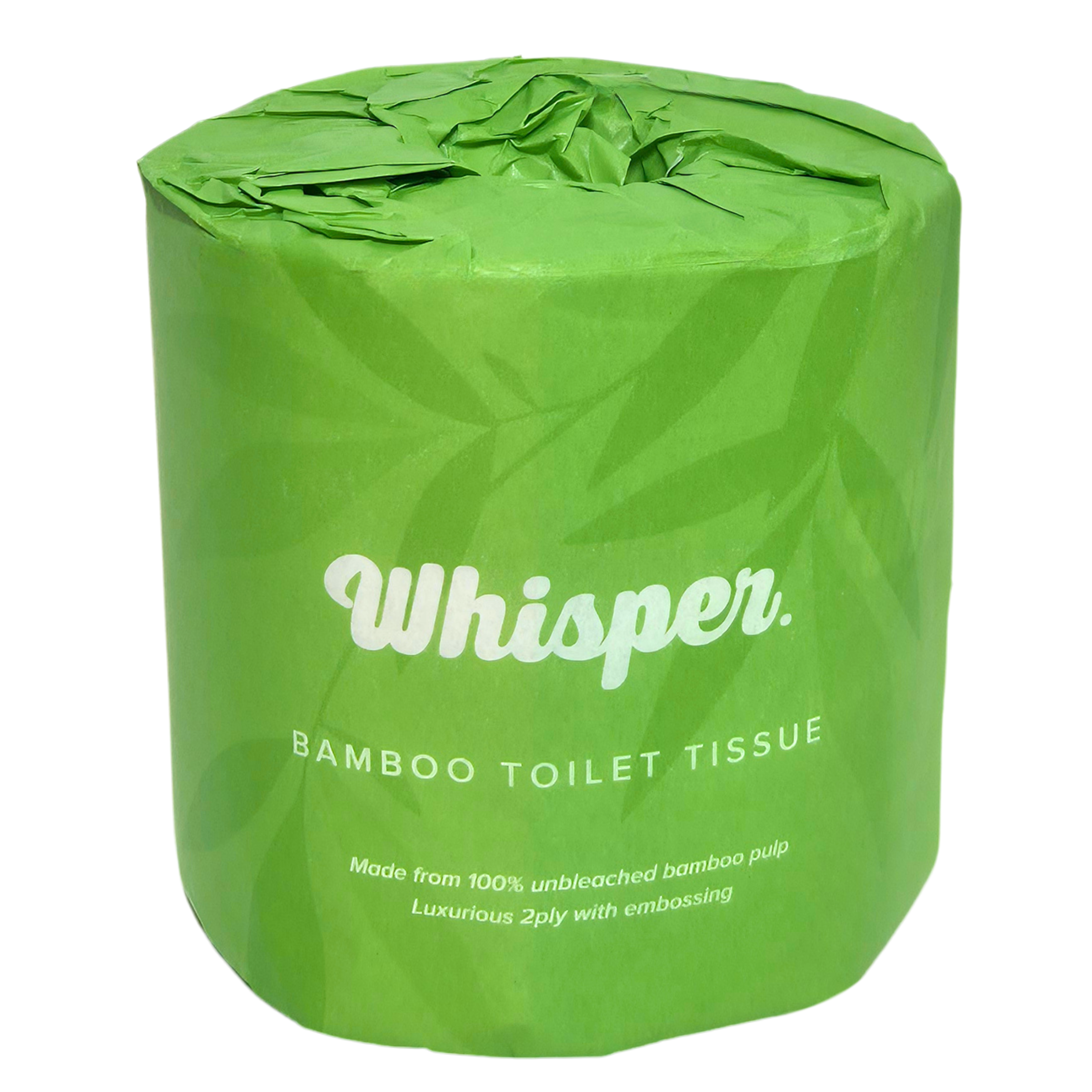 4650 whisper bamboo toilet tissue, toilet paper, made from 100% unbleached bamboo pulp, 2ply, green paper wrapper with leaf shadows, on white background