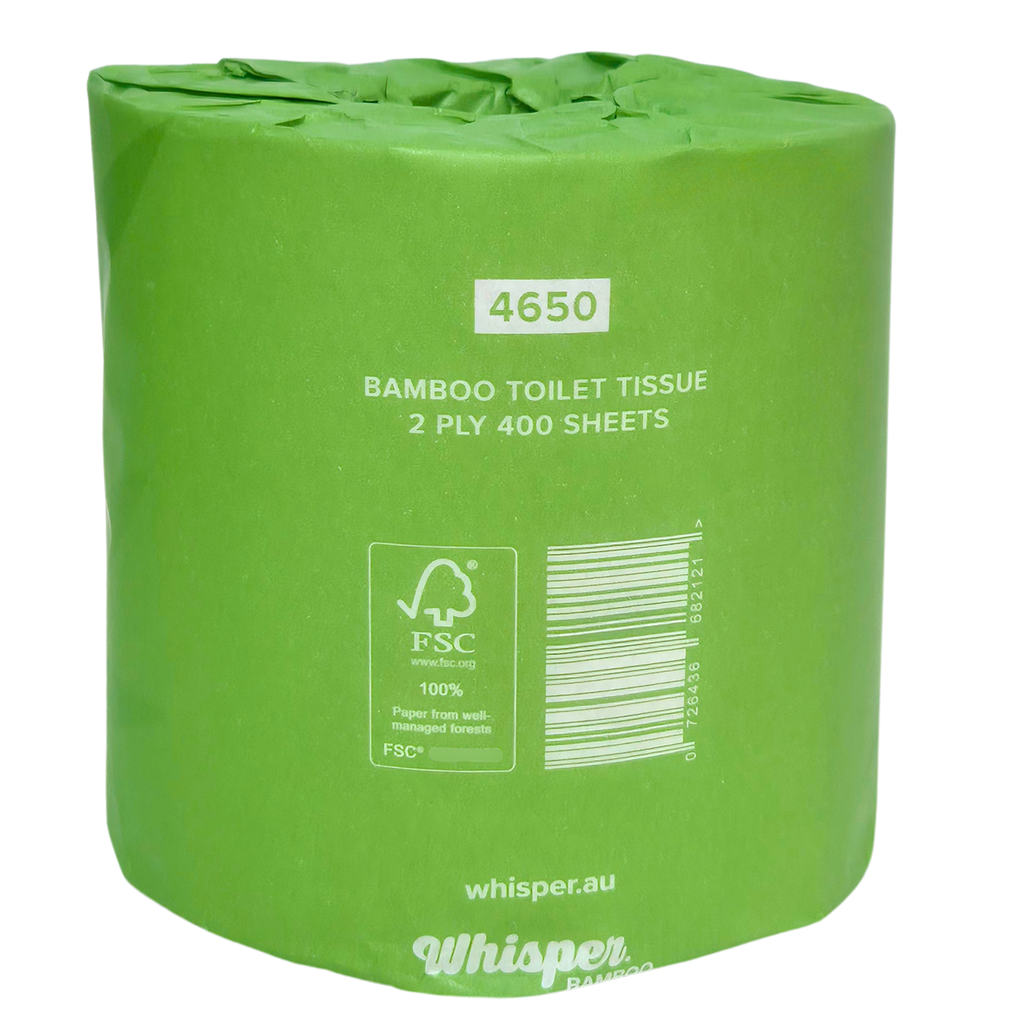 4650 whisper bamboo toilet tissue, toilet paper, made from 100% unbleached bamboo pulp, 2ply, green paper wrapper with leaf shadows, on white background
