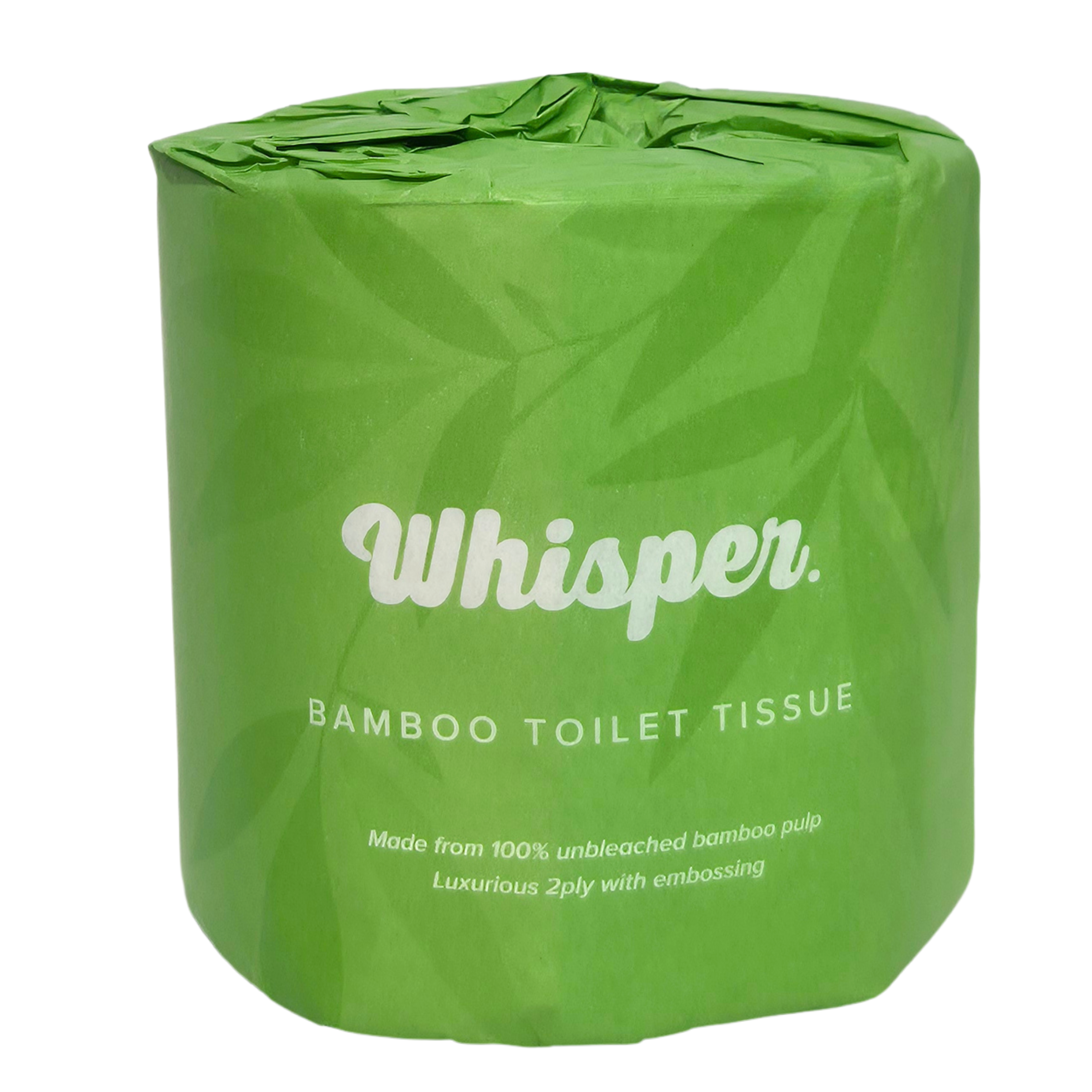 4650 whisper bamboo toilet tissue, toilet paper, made from 100% unbleached bamboo pulp, 2ply, green paper wrapper with leaf shadows, on white background