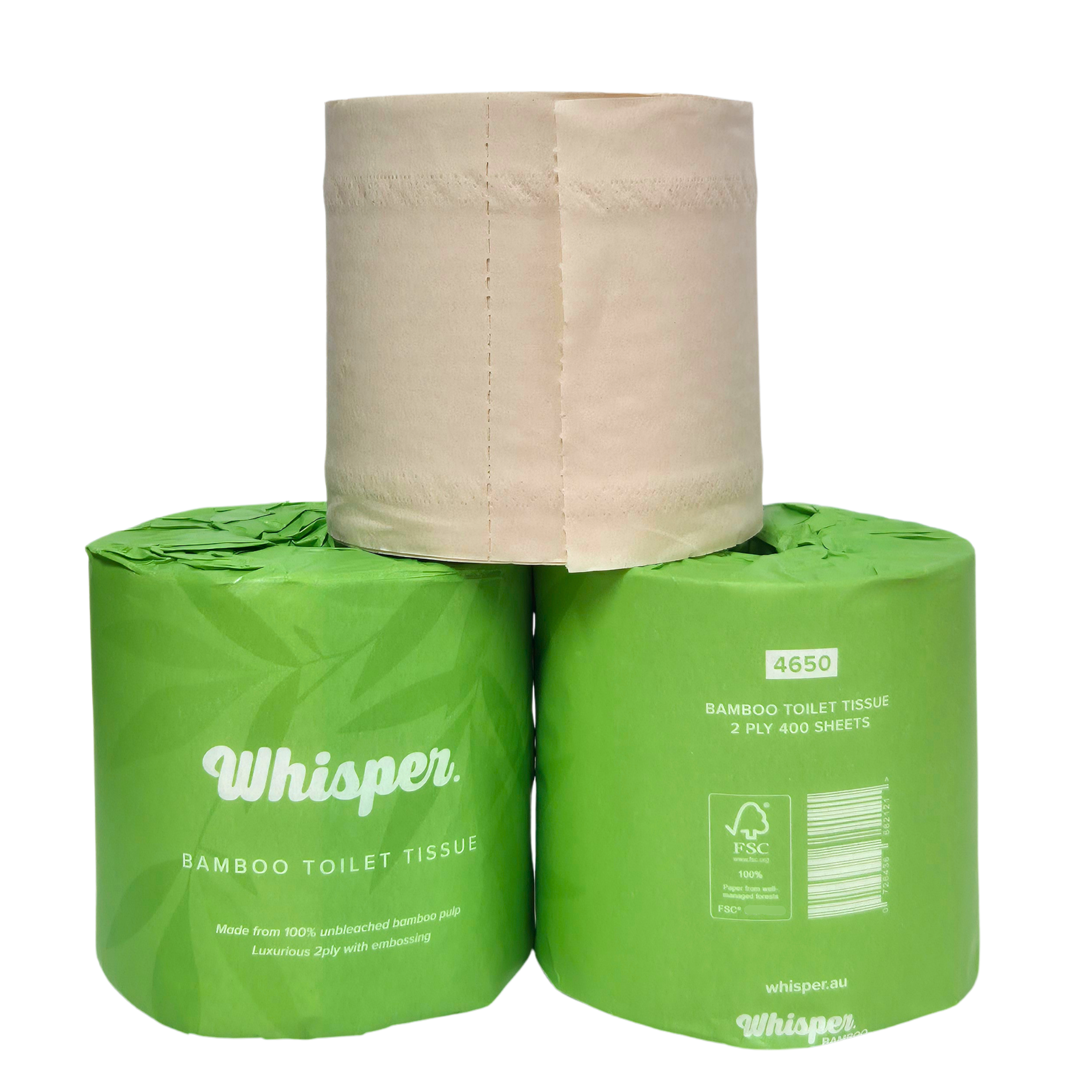 4650 whisper bamboo toilet tissue, toilet paper, made from 100% unbleached bamboo pulp, 2ply, green paper wrapper with leaf shadows, on white background, stack of three 3, back and front view, and unwrapped