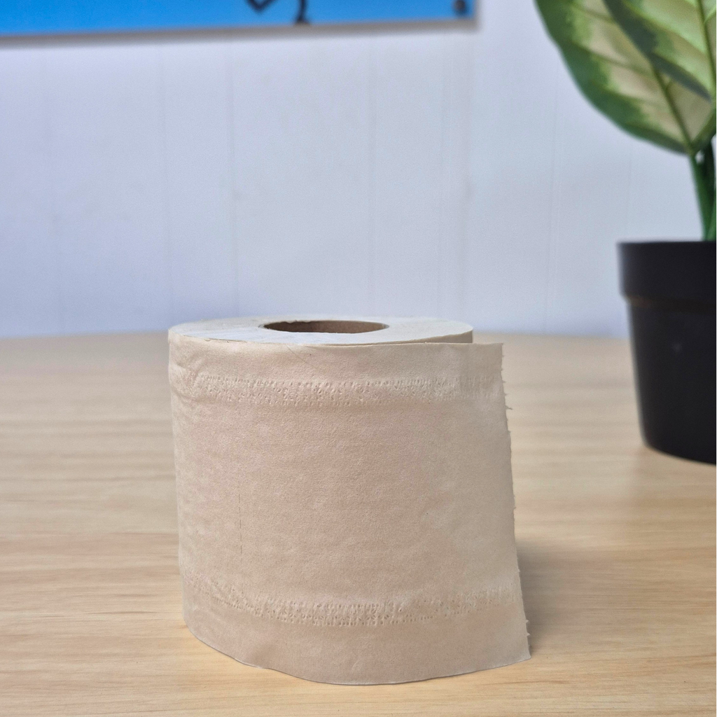 4650 whisper bamboo toilet tissue, toilet paper, made from 100% unbleached bamboo pulp, 2ply, green paper wrapper with leaf shadows, on table with plants