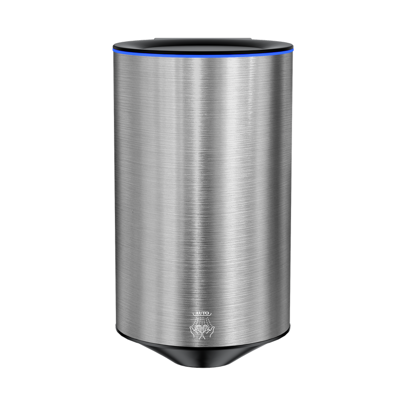 Brushed silver rocket hand dryer by Emvino, small cylinder dryer, cylindrical, blue light at the top