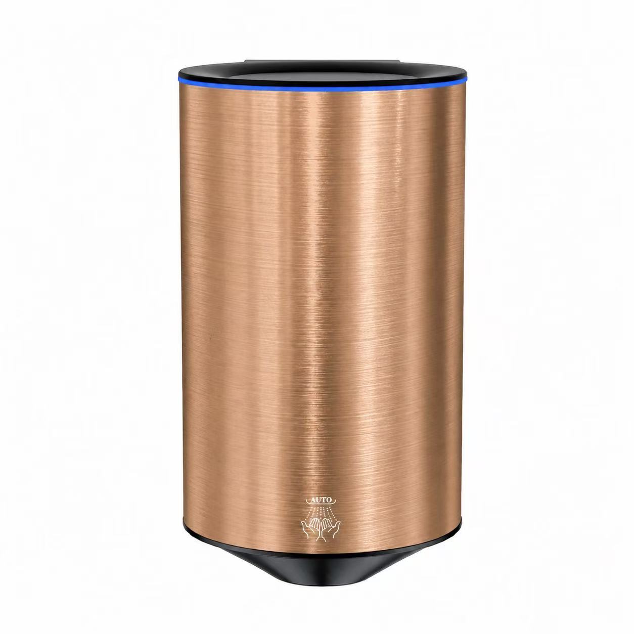 Copper rocket hand dryer by Emvino, small cylinder dryer, cylindrical, blue light at the top