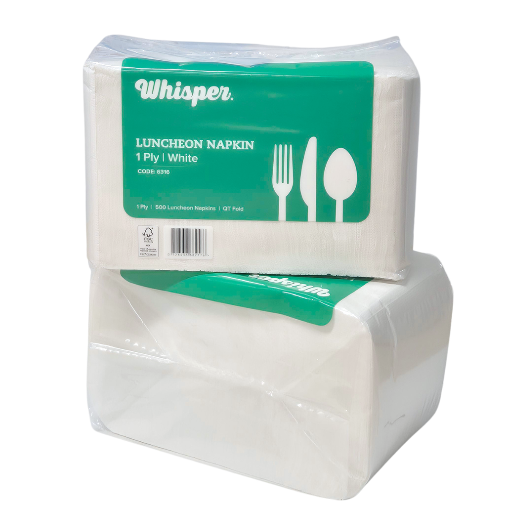 A package of Whisper brand white luncheon napkins, 1 ply, containing 500 napkins. The napkins are wrapped in clear plastic and feature a prominent green label with white text and cutout icons of a fork, knife, and spoon. QT folded napkins.