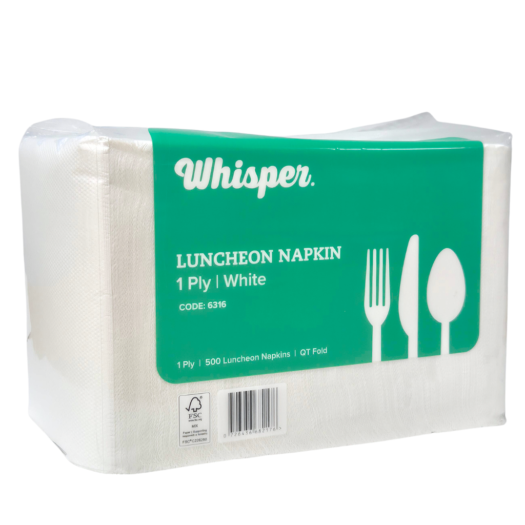 A package of Whisper brand white luncheon napkins, 1 ply, containing 500 napkins. The napkins are wrapped in clear plastic and feature a prominent green label with white text and cutout icons of a fork, knife, and spoon. QT folded napkins.