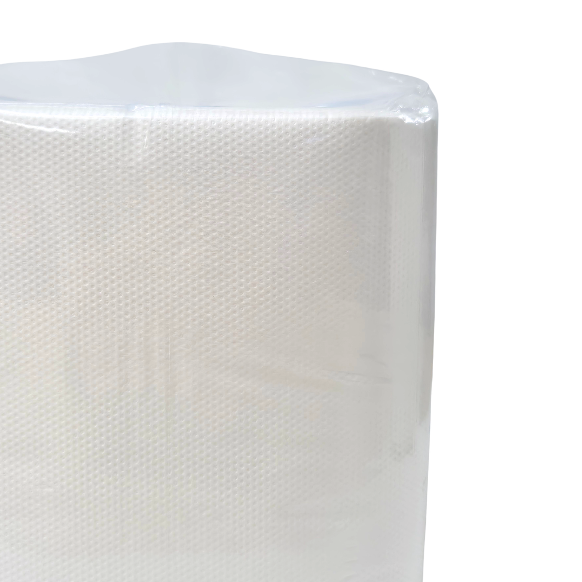 A package of Whisper brand white luncheon napkins, 1 ply, containing 500 napkins. The napkins are wrapped in clear plastic. QT folded napkins. Dot embossing