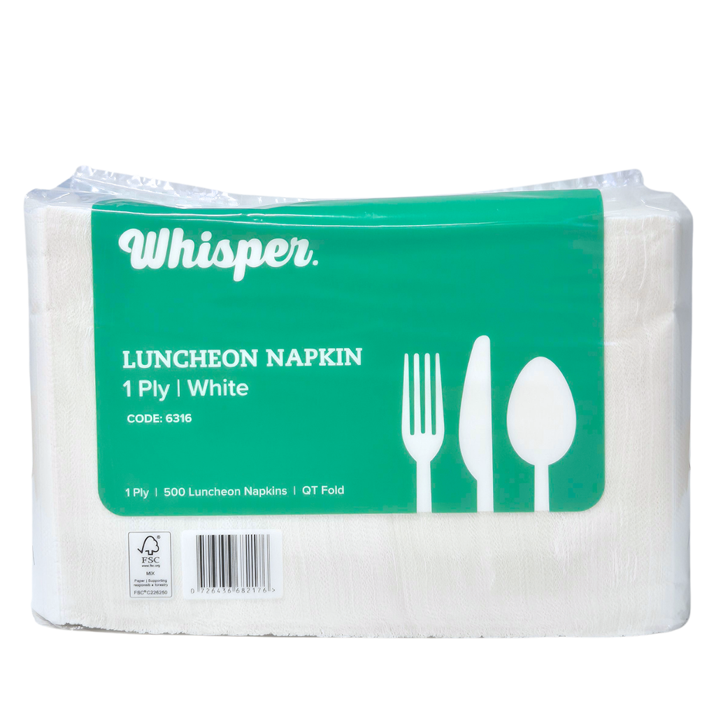 A package of Whisper brand white luncheon napkins, 1 ply, containing 500 napkins. The napkins are wrapped in clear plastic and feature a prominent green label with white text and cutout icons of a fork, knife, and spoon. QT folded napkins.