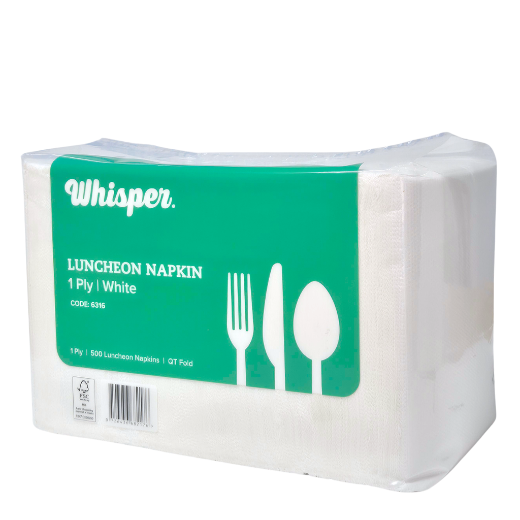 A package of Whisper brand white luncheon napkins, 1 ply, containing 500 napkins. The napkins are wrapped in clear plastic and feature a prominent green label with white text and cutout icons of a fork, knife, and spoon. QT folded napkins.