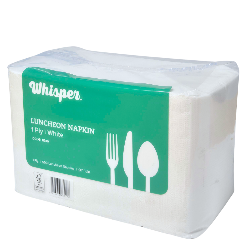 A package of Whisper brand white luncheon napkins, 1 ply, containing 500 napkins. The napkins are wrapped in clear plastic and feature a prominent green label with white text and cutout icons of a fork, knife, and spoon. QT folded napkins.