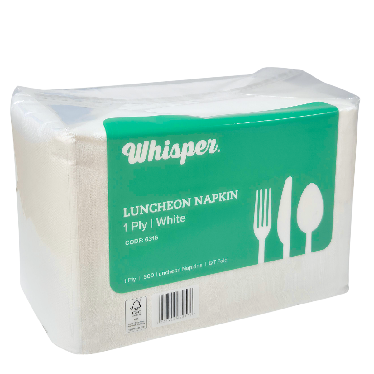 A package of Whisper brand white luncheon napkins, 1 ply, containing 500 napkins. The napkins are wrapped in clear plastic and feature a prominent green label with white text and cutout icons of a fork, knife, and spoon. QT folded napkins.