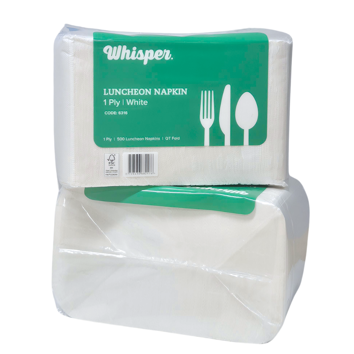 A package of Whisper brand white luncheon napkins, 1 ply, containing 500 napkins. The napkins are wrapped in clear plastic and feature a prominent green label with white text and cutout icons of a fork, knife, and spoon. QT folded napkins.