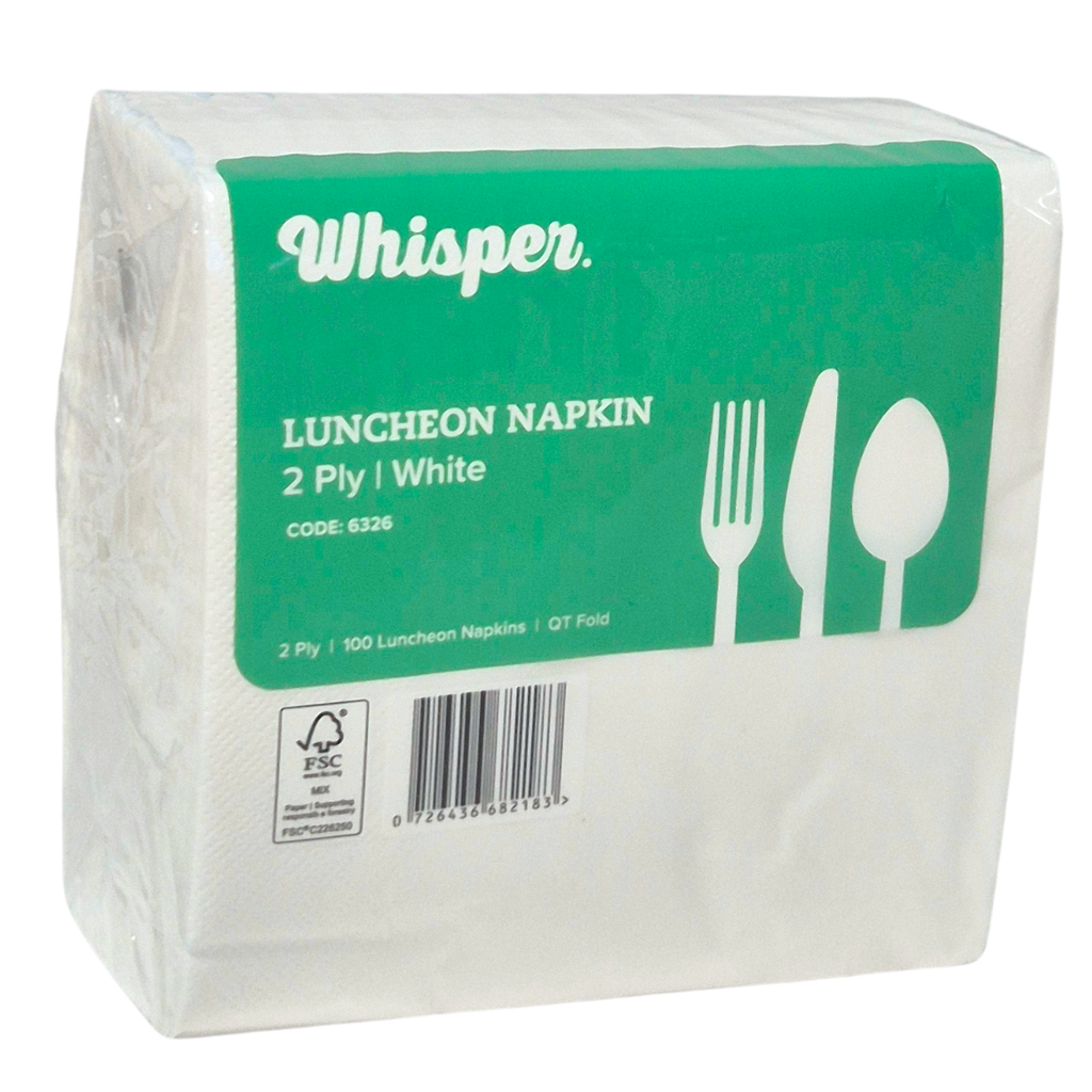 A pack of Whisper brand 2-ply white luncheon napkins in a clear plastic wrapper with a green label showing white cutlery icons and product details. Dot embossing and QT fold.