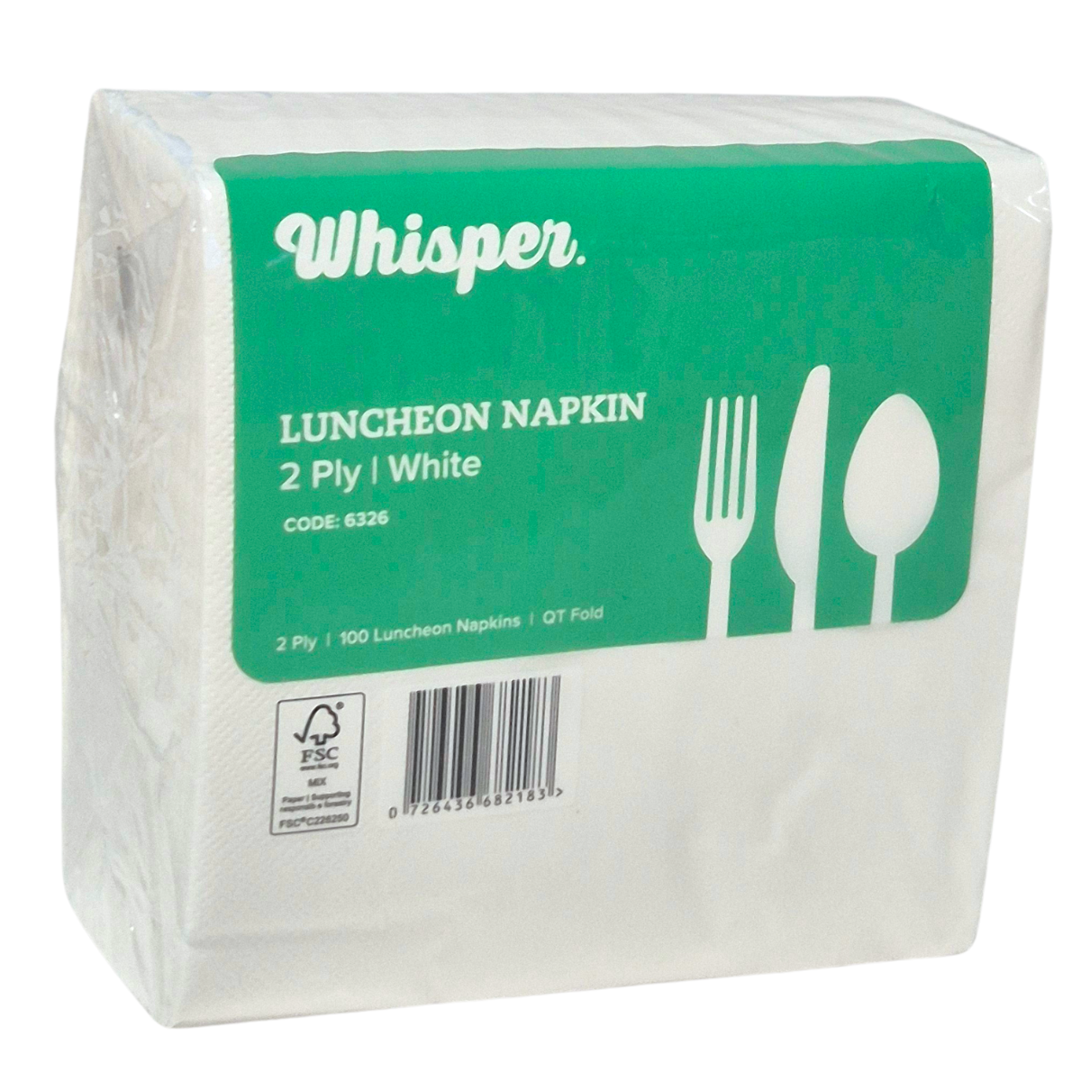 A pack of Whisper brand 2-ply white luncheon napkins in a clear plastic wrapper with a green label showing white cutlery icons and product details. Dot embossing and QT fold.