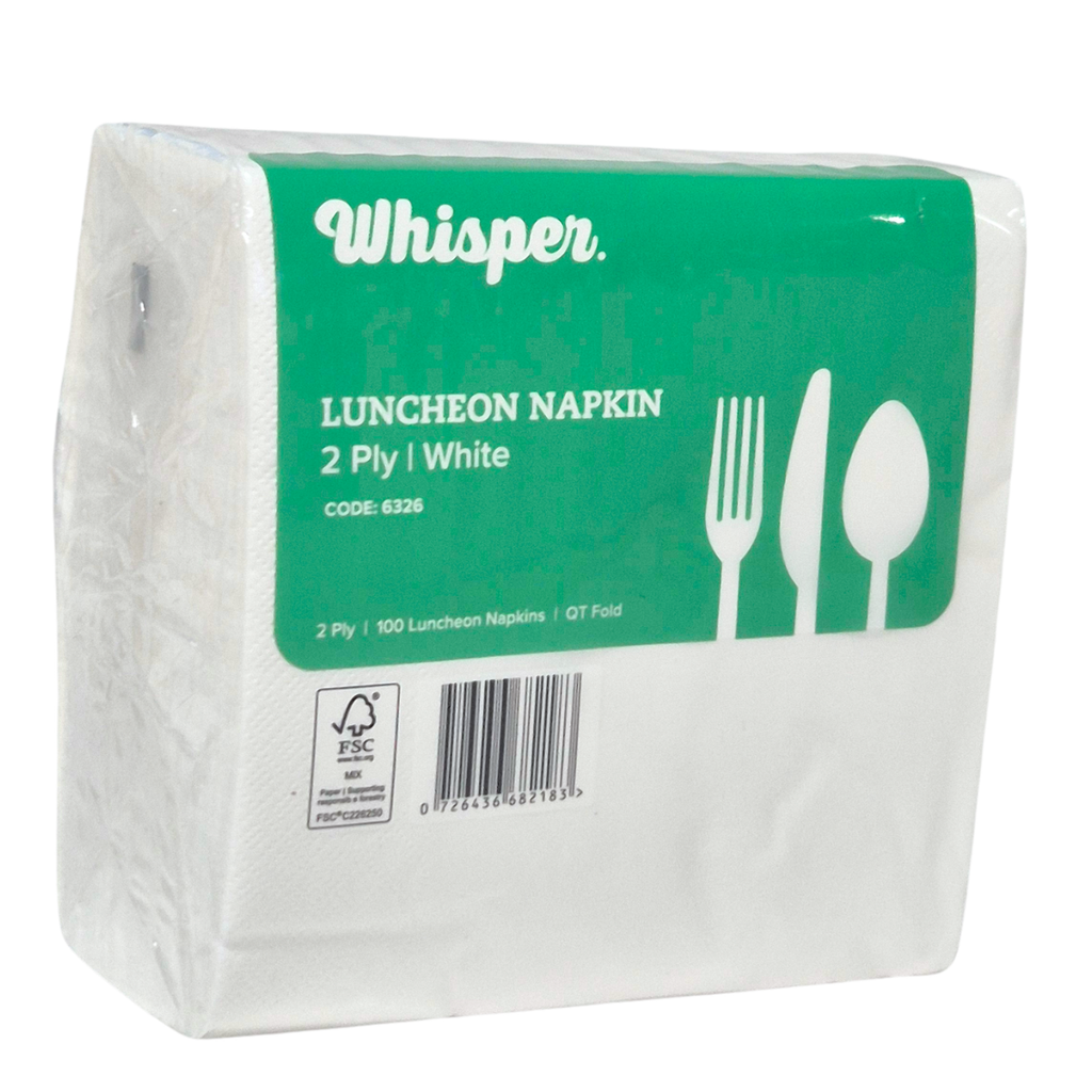 A pack of Whisper brand 2-ply white luncheon napkins in a clear plastic wrapper with a green label showing white cutlery icons and product details. Dot embossing and QT fold.