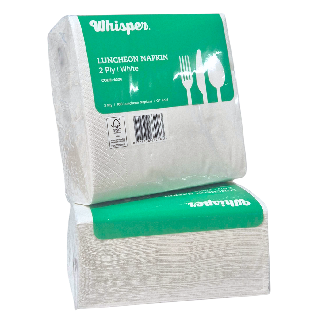 A pack of Whisper brand 2-ply white luncheon napkins in a clear plastic wrapper with a green label showing white cutlery icons and product details. Dot embossing and QT fold.