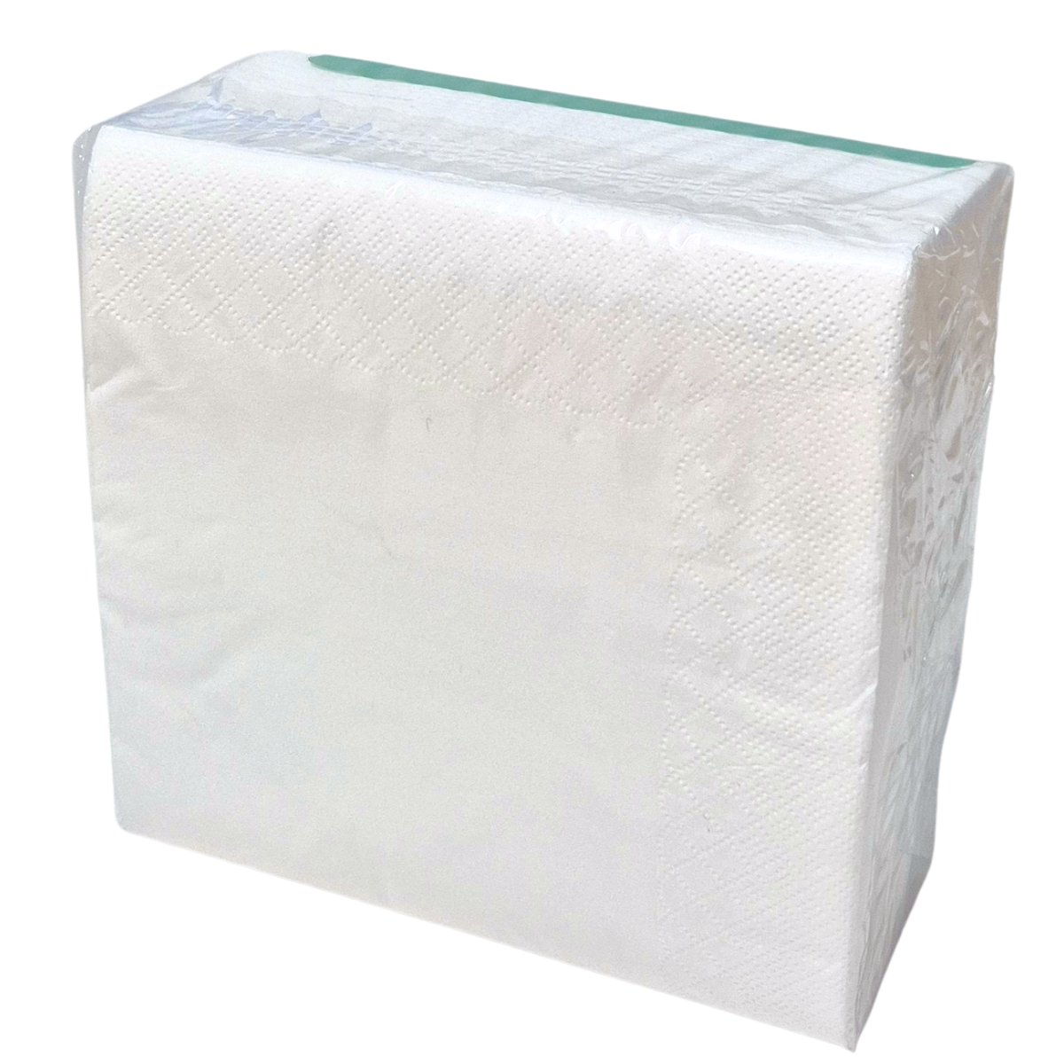 A pack of Whisper brand 2-ply white luncheon napkins in a clear plastic wrapper with a green label showing white cutlery icons and product details. Dot embossing and QT fold.