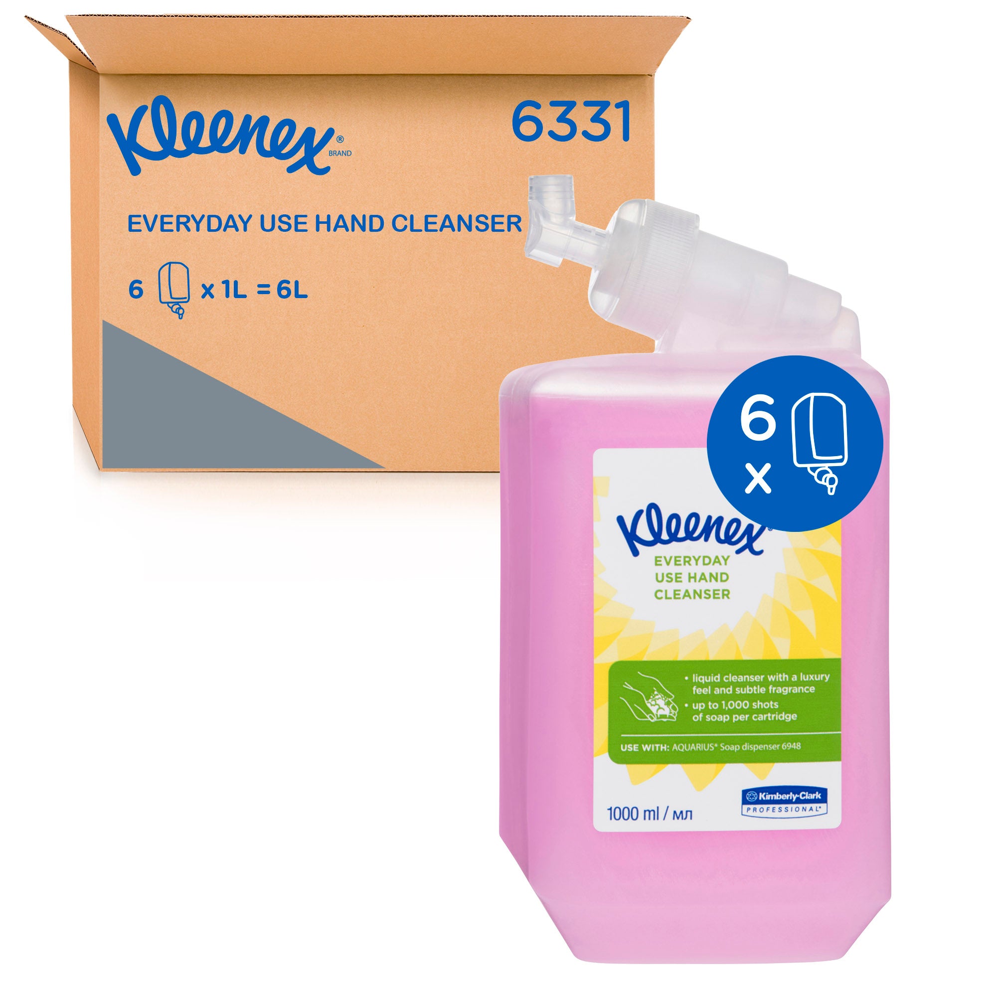 KLEENEX® Liquid Hand Soap (6331), Everyday Use Hand Cleanser, 6 Cartridges / Case, 1 Litre / Cartridge (6L), 6331, everyday soap, hand soap cartridge, Kleenex hand soap, Kleenex soap, Liquid Hand Soap