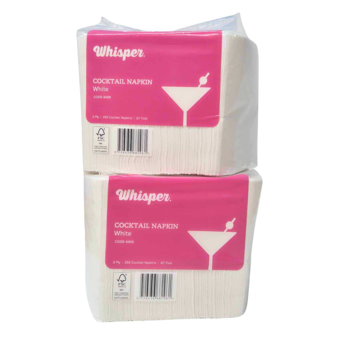 Whisper cocktail napkins, 250 napkins per pack, clear packaging with pink label, QT fold, cocktail glass on front, white cocktail napkins, code 6406