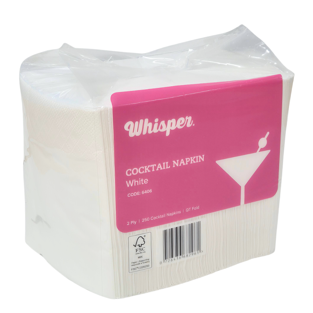 Whisper cocktail napkins, 250 napkins per pack, clear packaging with pink label, QT fold, cocktail glass on front, white cocktail napkins, code 6406