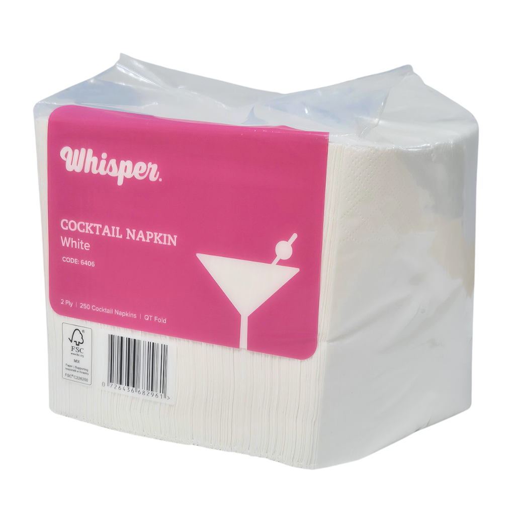 Whisper cocktail napkins, 250 napkins per pack, clear packaging with pink label, QT fold, cocktail glass on front, white cocktail napkins, code 6406