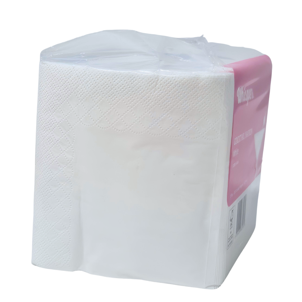 Whisper cocktail napkins, 250 napkins per pack, clear packaging with pink label, QT fold, cocktail glass on front, white cocktail napkins, code 6406