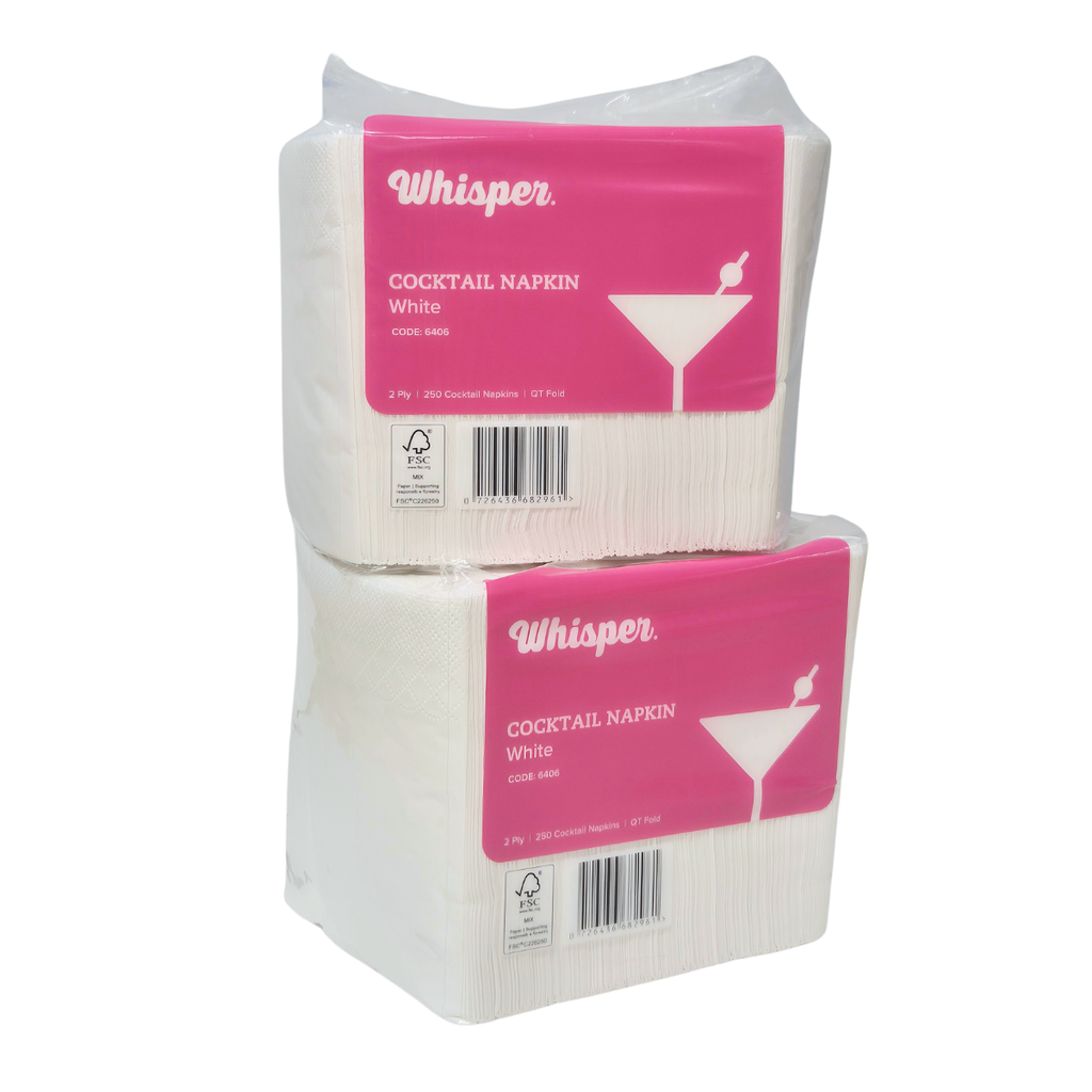 Whisper cocktail napkins, 250 napkins per pack, clear packaging with pink label, QT fold, cocktail glass on front, white cocktail napkins, code 6406