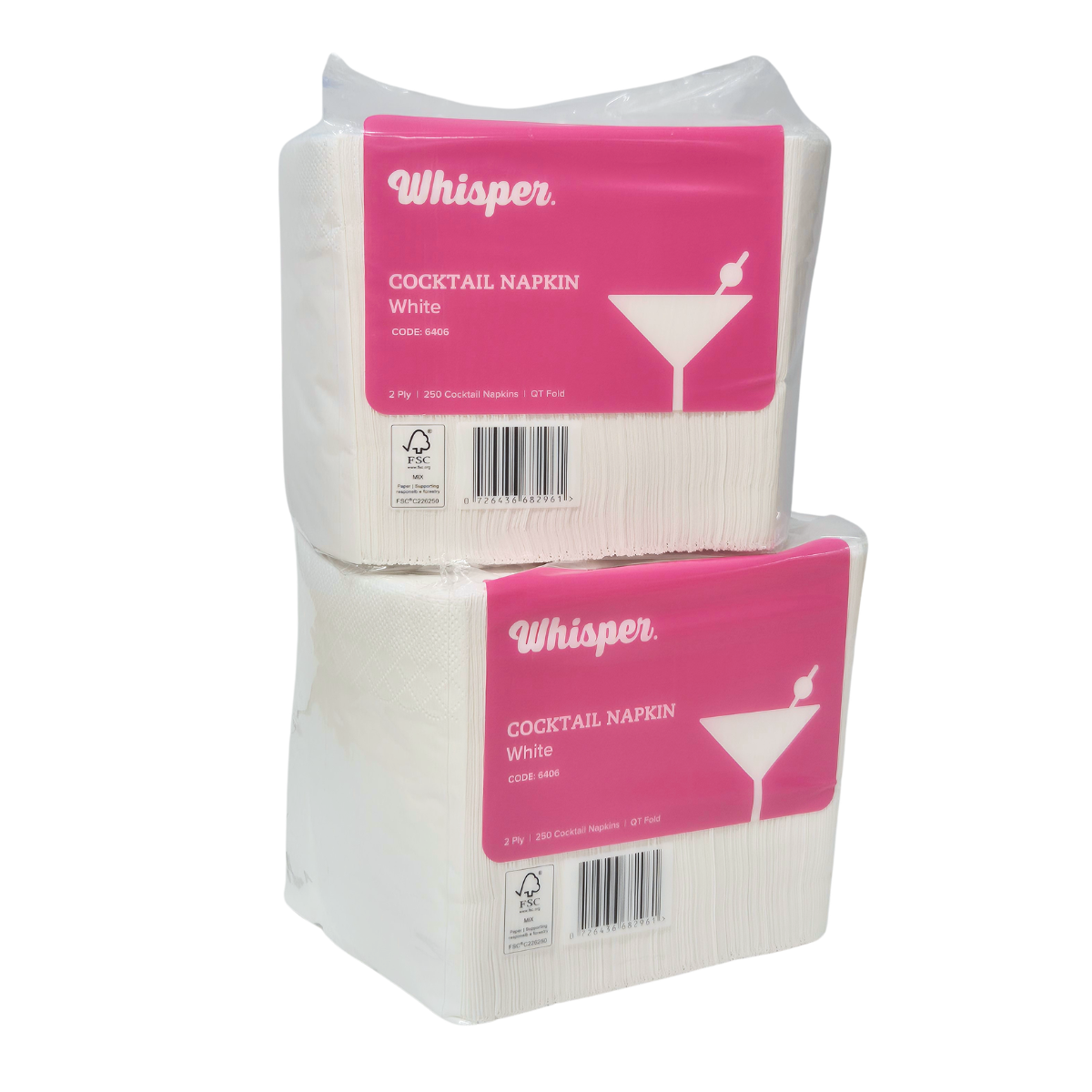 Whisper cocktail napkins, 250 napkins per pack, clear packaging with pink label, QT fold, cocktail glass on front, white cocktail napkins, code 6406