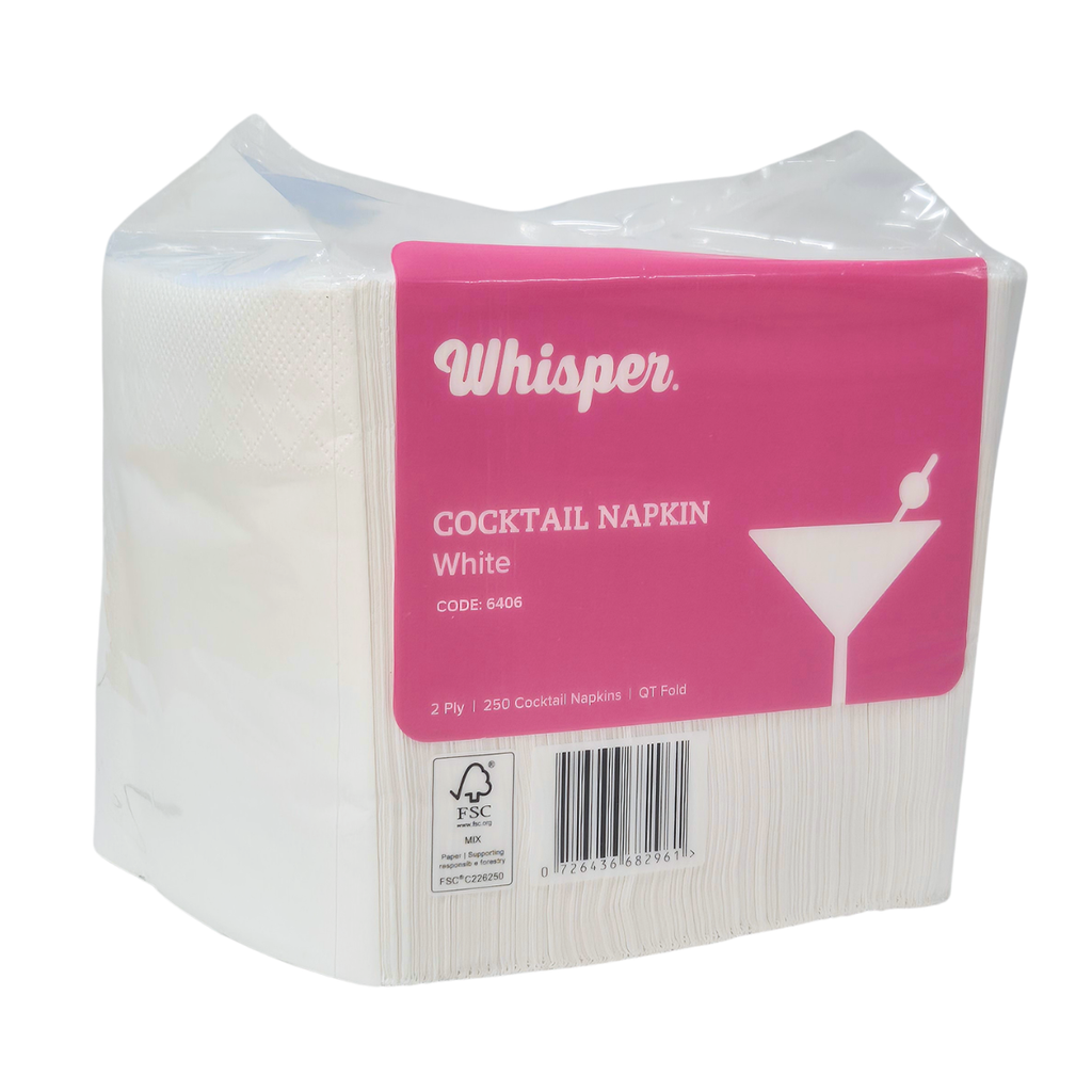 Whisper cocktail napkins, 250 napkins per pack, clear packaging with pink label, QT fold, cocktail glass on front, white cocktail napkins, code 6406