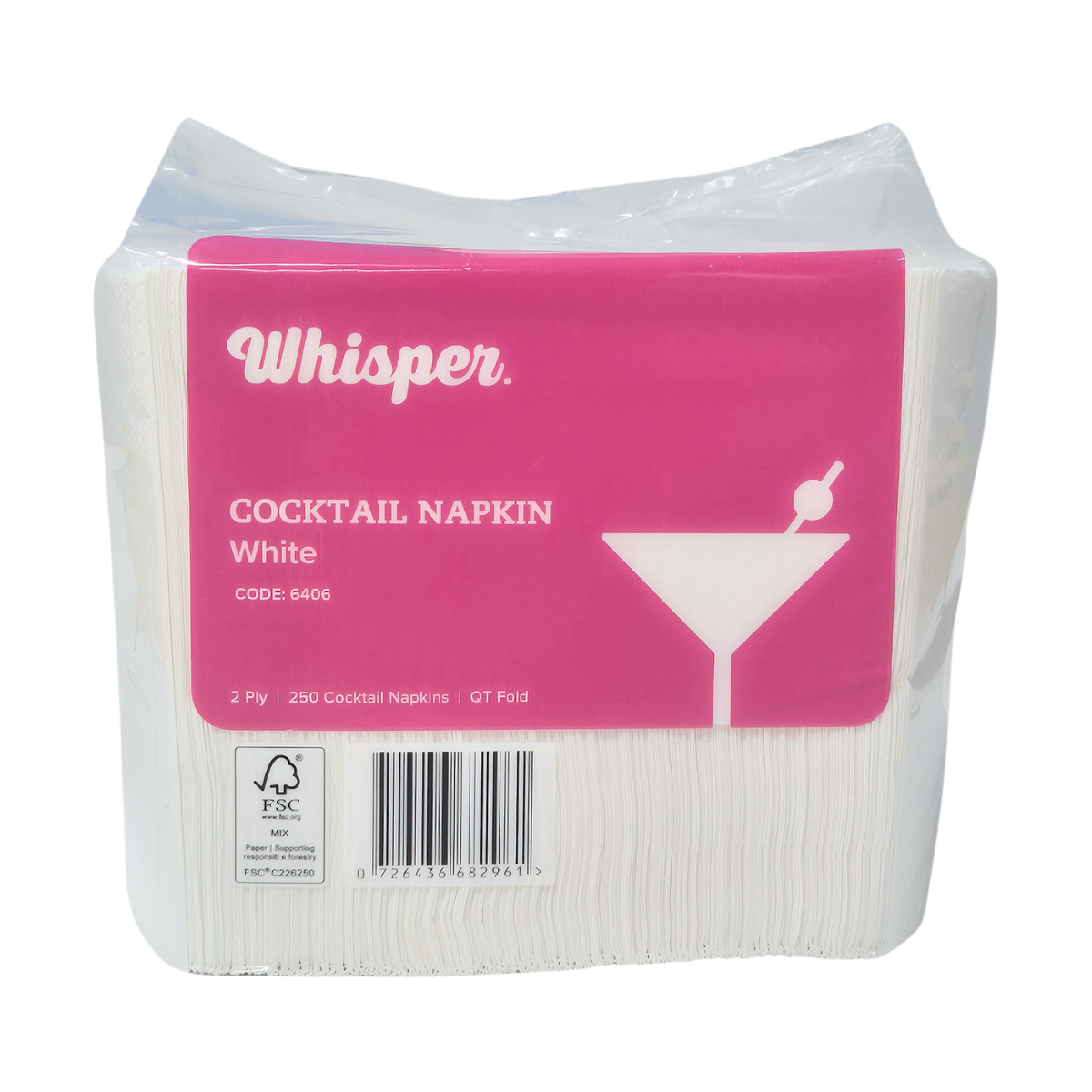 Whisper cocktail napkins, 250 napkins per pack, clear packaging with pink label, QT fold, cocktail glass on front, white cocktail napkins, code 6406