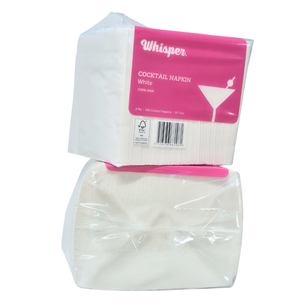 Whisper cocktail napkins, 250 napkins per pack, clear packaging with pink label, QT fold, cocktail glass on front, white cocktail napkins, code 6406