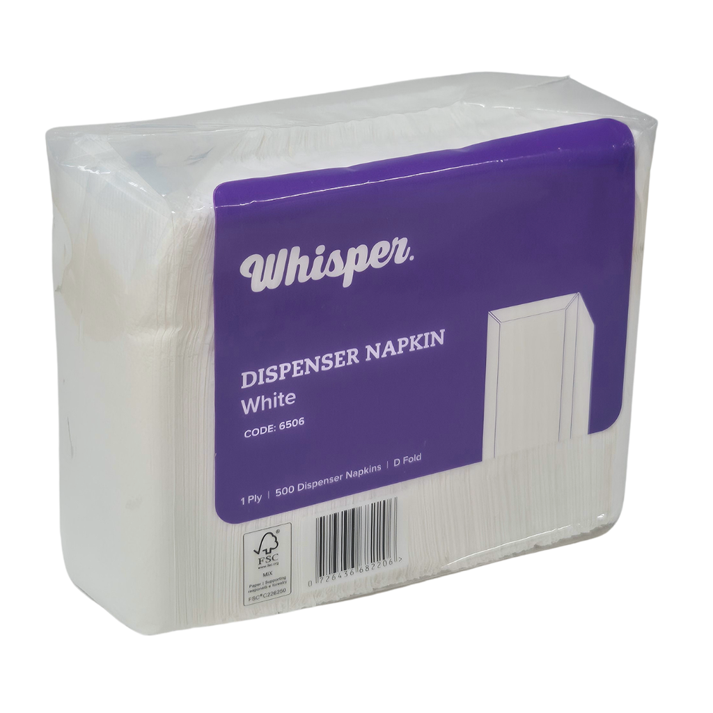 A package of Whisper brand white dispenser napkins in a clear plastic wrap with a purple label, photographed on a white background. D fold napkin, 500 napkins in a pack, 1ply.