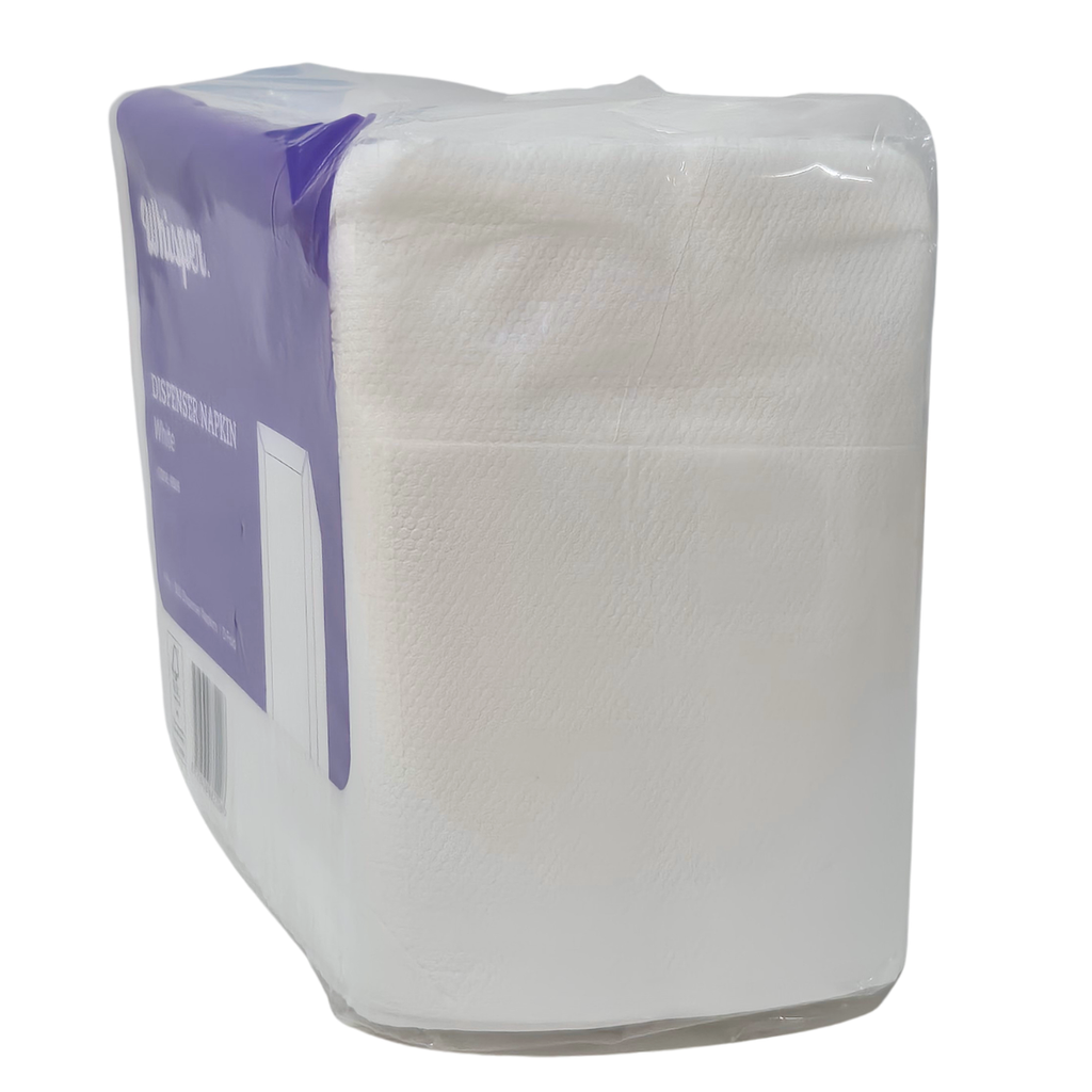 A package of Whisper brand white dispenser napkins in a clear plastic wrap with a purple label, photographed on a white background. D fold napkin, 500 napkins in a pack, 1ply.