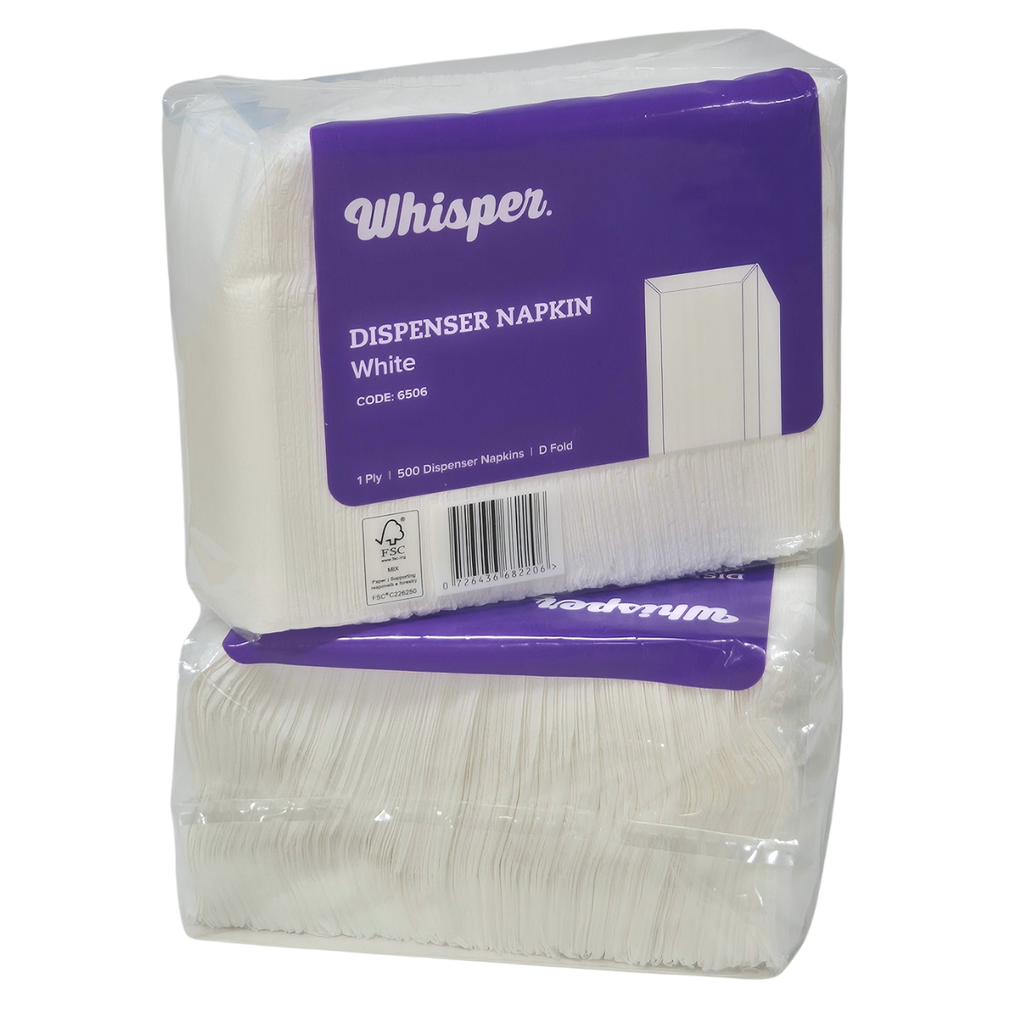 A package of Whisper brand white dispenser napkins in a clear plastic wrap with a purple label, photographed on a white background. D fold napkin, 500 napkins in a pack, 1ply.