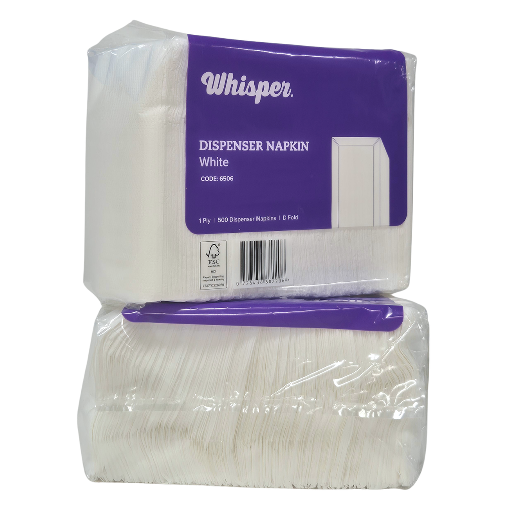 A package of Whisper brand white dispenser napkins in a clear plastic wrap with a purple label, photographed on a white background. D fold napkin, 500 napkins in a pack, 1ply.