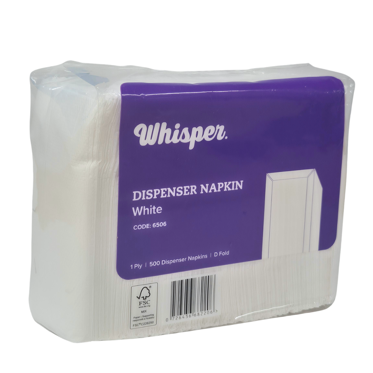 A package of Whisper brand white dispenser napkins in a clear plastic wrap with a purple label, photographed on a white background. D fold napkin, 500 napkins in a pack, 1ply.