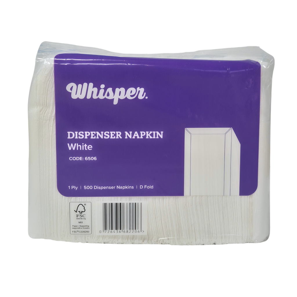 A package of Whisper brand white dispenser napkins in a clear plastic wrap with a purple label, photographed on a white background. D fold napkin, 500 napkins in a pack, 1ply.