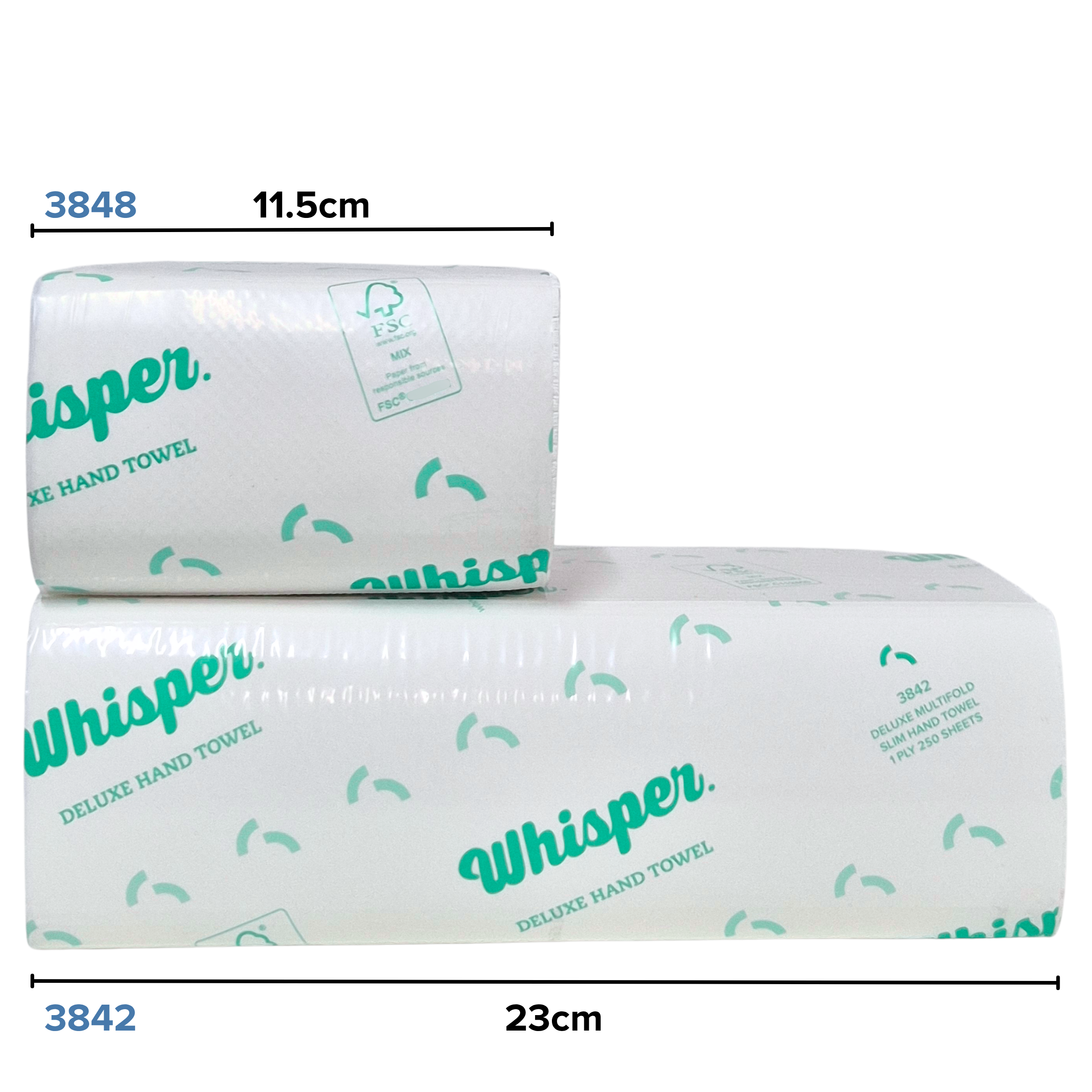 Whisper 3848, Duluxe paper hand towel, Half Size Multifold Slim Hand Towel 1PLY, clear wrapper, green whisper logo and text on packaging, white background, with measurements, full size 3842 included