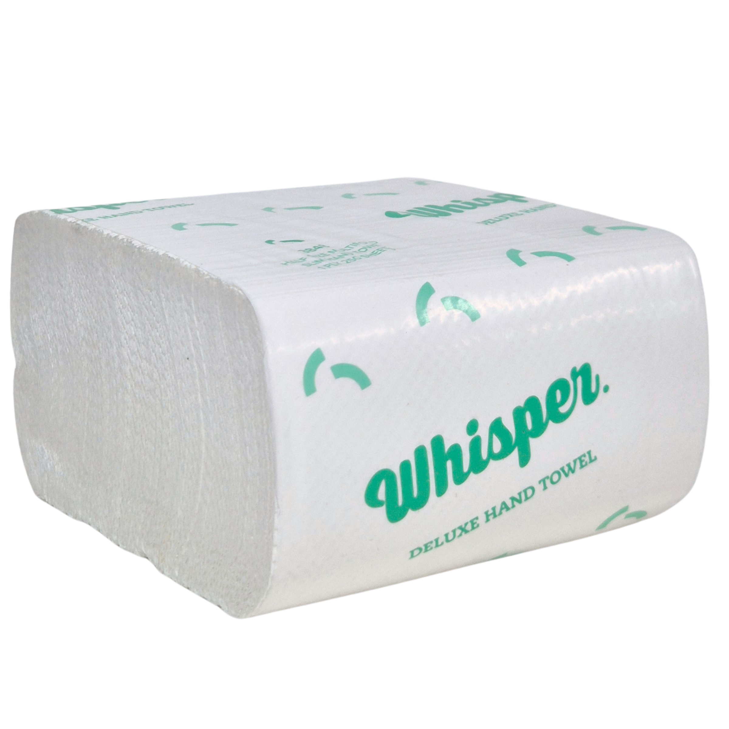 Whisper 3848, Duluxe paper hand towel, Half Size Multifold Slim Hand Towel 1PLY, clear wrapper, green whisper logo and text on packaging, white background