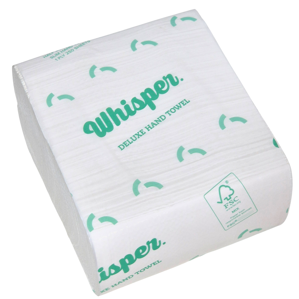 Whisper 3848, Duluxe paper hand towel, Half Size Multifold Slim Hand Towel 1PLY, clear wrapper, green whisper logo and text on packaging, white background