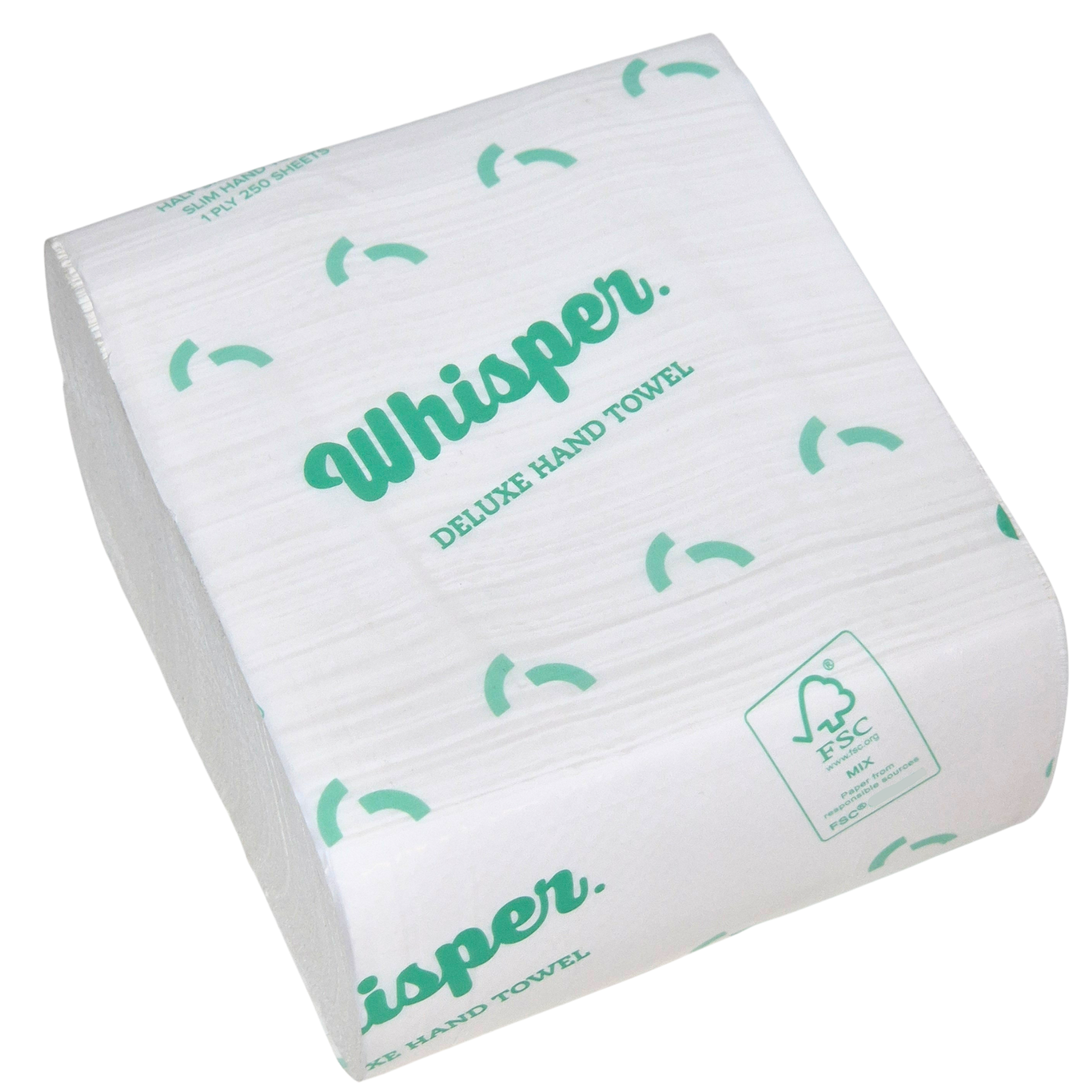 Whisper 3848, Duluxe paper hand towel, Half Size Multifold Slim Hand Towel 1PLY, clear wrapper, green whisper logo and text on packaging, white background