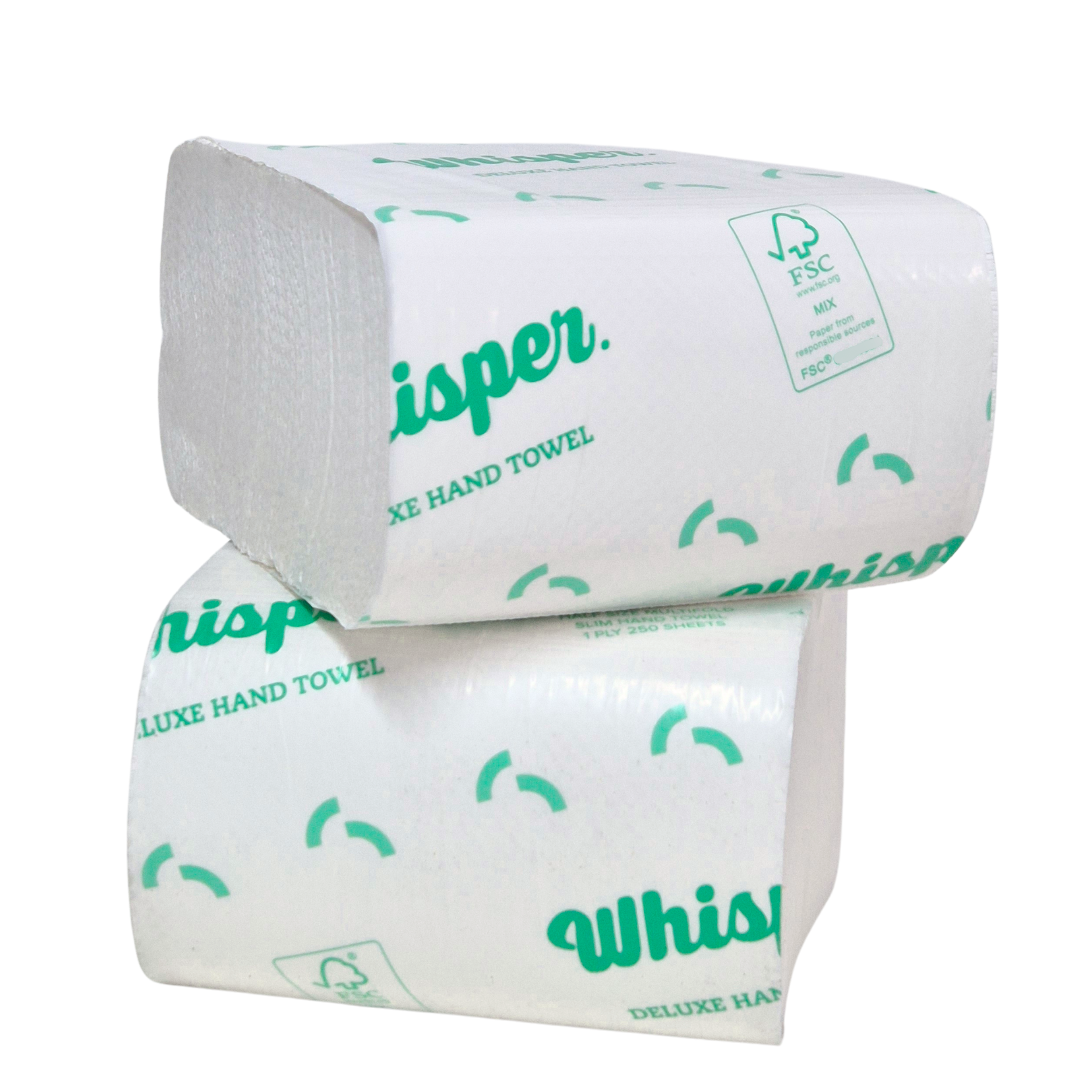 Whisper 3848, Duluxe paper hand towel, Half Size Multifold Slim Hand Towel 1PLY, clear wrapper, green whisper logo and text on packaging, white background, two stacked on top of each other